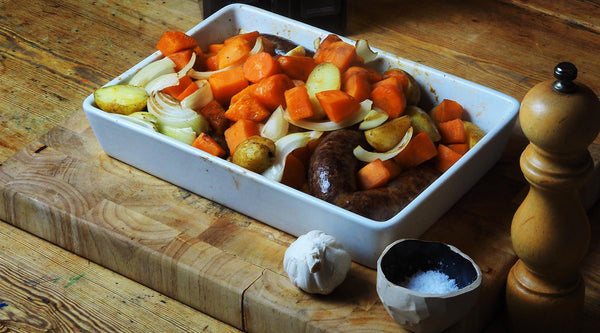 Mid-week venison sausage roast with balsamic glaze